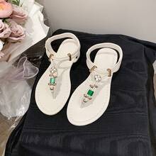Women's Emerald Green Flat Sandals With Sparkling Rhinestones, Thimble Flip Flops With Elastic Back Strap, Elegant Shoes For Beach Parties And Casual Summer Wear - 709米色 - 查看 1