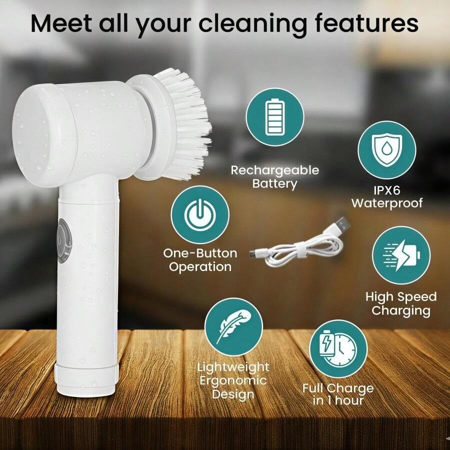 1PC Electric Rotating Brush, Portable Electric Cleaning Brush, USB Charging, Household Items, Suitable For Bathroom/Sink/Window - Kitchen Essentials - White - View 1