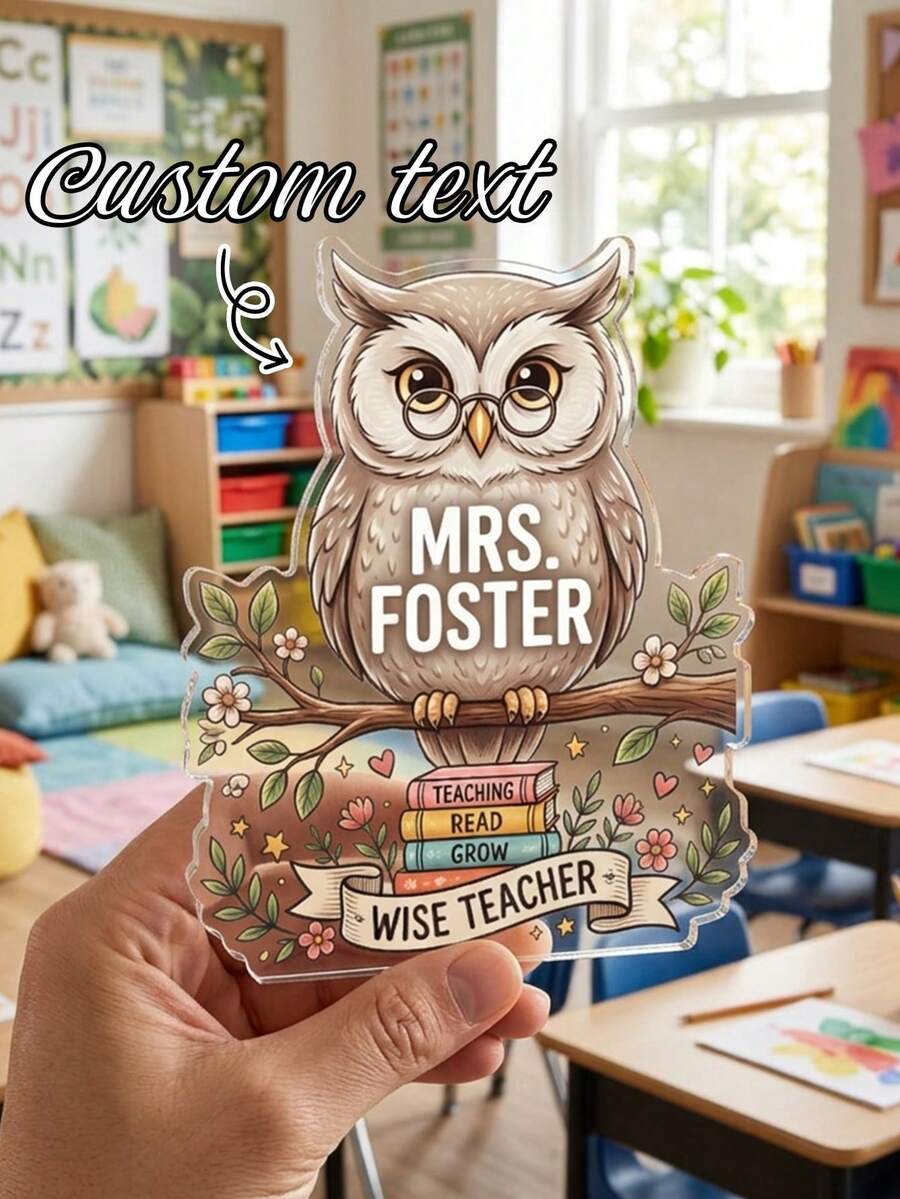 1pc Custom Wise Eyeglass Owl Shaped Teacher Acrylic Desk Plaque,Personalized Name Floral Branch Stack Book Print,Classroom Decor For Preschool Elementary Library Teachers,Teacher Appreciation Gift,Retirement Gift,Back To School,School Supplies - Multicolor - View 1