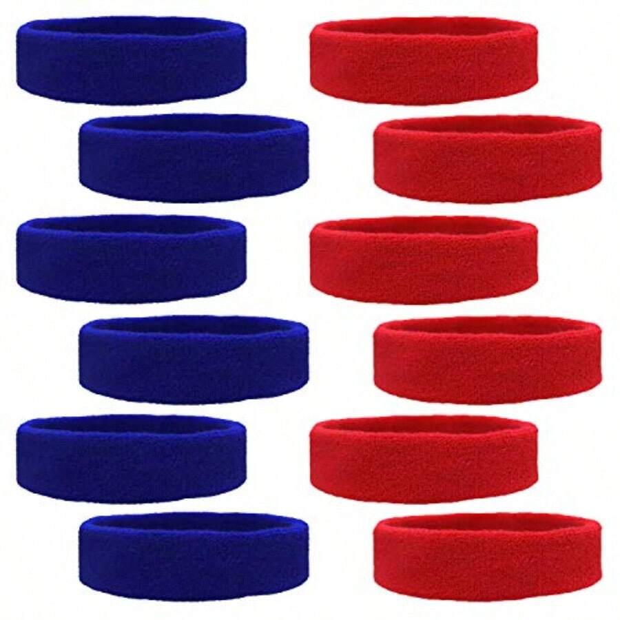 YQQ 12 Sweatbands Cotton Sports Headbands Terry Cloth Moisture Wicking Athletic Basketball Headband By Kenz Laurenz1256 - 藍色 6 紅色 6 - 查看 1