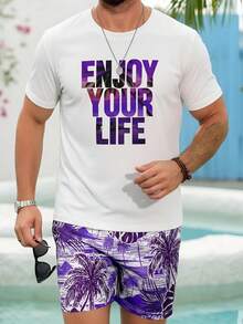 Men's Vacation Style Printed Short Sleeve Shorts Set - Multicolor - View 5