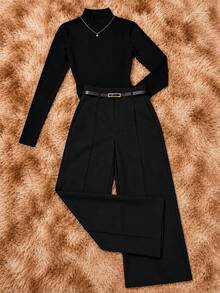 Elegant Women's Winter 2-Piece Set With High-Neck Long-Sleeve Bodysuit And Tailored Trousers + Belt - Winter Fashion - 黑色褲子 - 查看 3