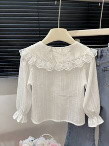 M.Dian xi Girls' Long Sleeve Lace Ruffle Floral Blouse, Spring/Autumn - White - View 2