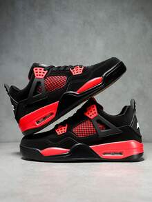 Men's Black Red Contrast Mid Top Sneakers, Air Cushion Non-Slip Retro Basketball Shoes For Daily Street & Casual Outfit - 紅雷神 - 查看 4