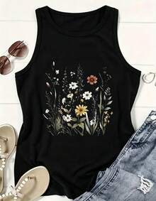 Women Sleeveless Tank Top, Vintage Wildflower Print, Racerback Loose Fit, Soft Cotton Mid-Length Vest; Boho, Daily/Vacation/Layering Casual Wear - 黑色 - 查看 4