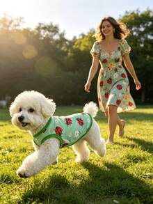 1pc Cute Ladybug Floral Print Pet Tank Top, Breathable Mesh Sleeveless Dog Vest, Soft Lightweight Puppy Summer Clothes, Casual Daily Wear Small Medium Dogs Outfit, Dog Clothes, Green Pet Apparel For Chihuahua Poodle Bichon. - Multicolor - View 4