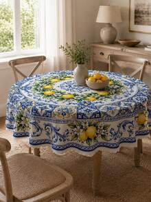 1 pieza Mantel multifuncional con patrón floral de limón fresco y azulejo azul mediterráneo Capri, material de poliéster, adecuado para decoración del hogar en todas las estaciones, regalo de boda, reunión familiar, fiesta de vacaciones y decoración de mesa de comedor - Multicolor - Ver 2