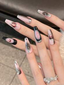 10pcs Handmade Long Coffin Shaped Press-On Nails, Exquisite Fake Nails, "Rose Galaxy" Y2K Black & Pink Glitter Cat Eye Sweet Cool Hot Girl Style Wearable Nails, Suitable For Women - Pink - View 3