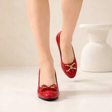 Geeyea Ladies' Wedge Heels, High Heels, PU Synthetic Leather Bowknot Thick-Soled Shoes, Slip-On Shoes Suitable For Office, Dating, And Parties - 紅色 - 查看 3