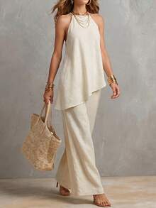 Conjunto de 2 piezas para mujer con top sin mangas de cuello halter y pantalones de pierna ancha en color beige, elegante conjunto de punto acanalado con caída para ir al trabajo, conjunto elegante de verano para mujer - Albaricoque - Ver 3