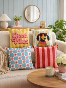 4pcs/Set, Contrast Color Throw Pillow Covers, Cute Dog Letter Plaid Stripe Ditsy Floral, Pastoral Fresh Style Bedroom Sofa Cushion Covers, Zipper Easy To Remove And Wash, Pillow Inserts Not Included - Multicolor - View 9