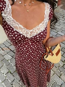 Unity Vestido midi con corte evasé y cuello con corazón, mangas abullonadas, cintura fruncida y combinación de lunares en blanco y negro con detalles de encaje, sencillo pero elegante, para - Burdeos - Ver 1
