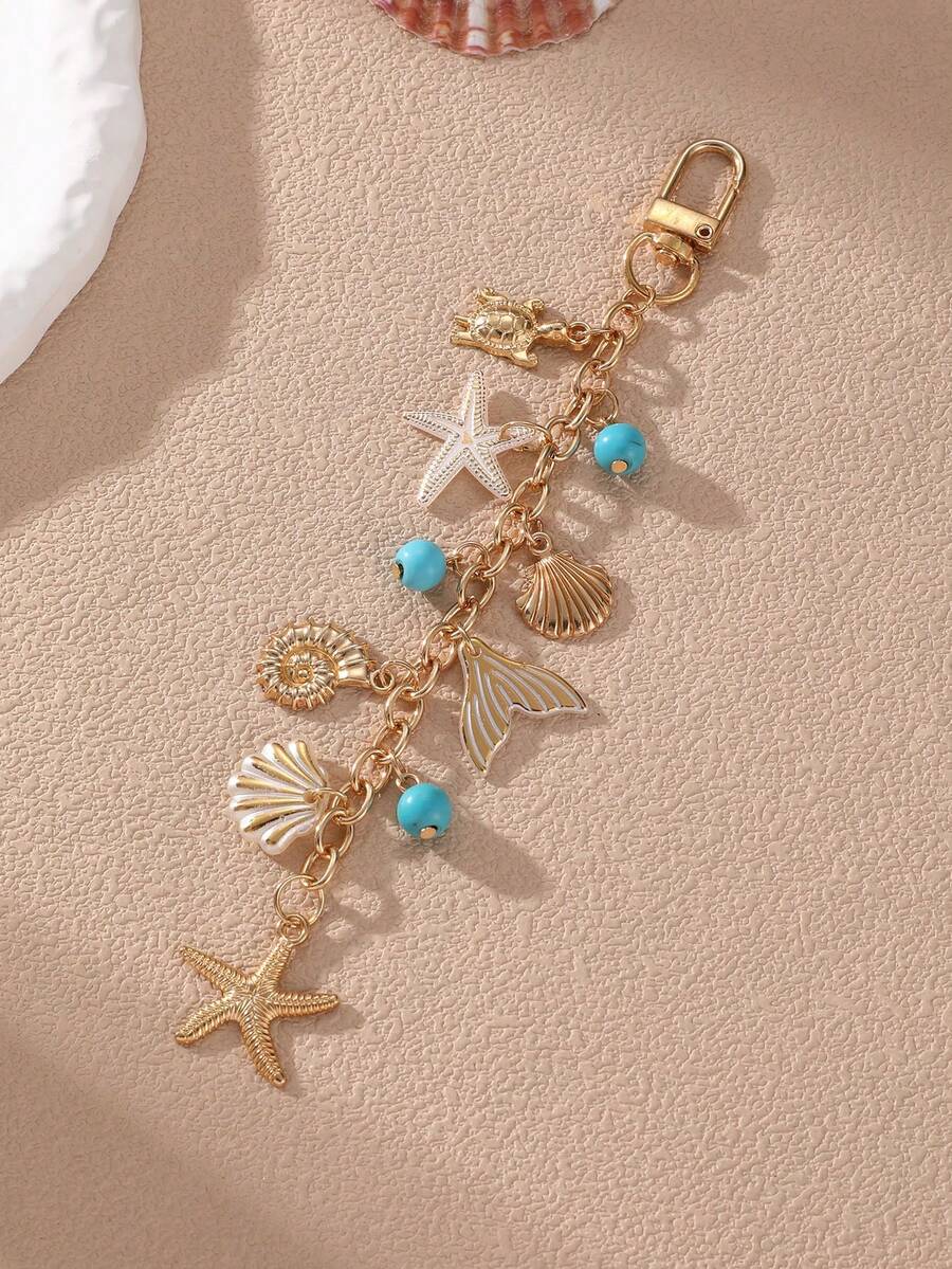 1pc Fashionable Bohemian Style Blue Ocean Series Starfish, Sea Turtle, Fish Tail, Shell And Blue Beads Pendant Charm, Suitable For Daily, Vacation, Beach Decor, Bags, Crossbody Bags, Car Keychains - Blue - View 1