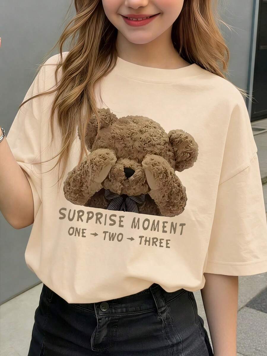 Kaos Lengan Pendek Leher Bulat Motif Kartun Beruang Minimalis Kasual untuk Remaja Perempuan, Koleksi Terbaru Musim Semi/Panas - Aprikot - View 1
