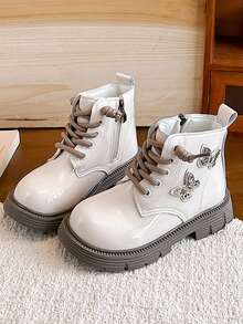 1 Pair Girls' Fashion Boots With Butterfly Decor Princess Shoes, Daily Wear, Dance Performance, Party, Cute Style - Beige - View 4