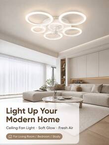 現代 5 環 LED 吸頂扇燈組合，省空間靜音多速吸頂燈，3 色可調風扇燈具，適用於書房、臥室、小客廳 - 彩色 - 查看 10