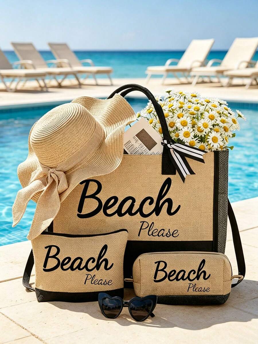 黑色卡其色套組，印有「Beach」文字，海灘包、化妝包、小方包、帽子，大容量，肩帶可調節，方便的小包組合，解決旅行化妝品雜亂問題，專業化妝包、方包、手提包、零錢包、收納包、筆袋、托特包、盥洗包，適合婚禮、海灘，度假與節日的完美選擇，適合日常使用，給女性、母親、老師、朋友、伴娘、學生的絕佳禮物