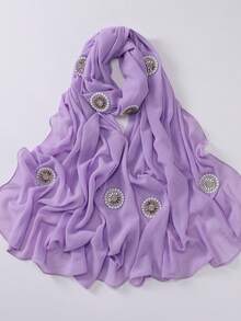 1pc Women's Solid Color Modest Hijab Chiffon Hijab Shawl, Elegant Decorative Minimalist Fashionable Exquisite Headscarf - Light Purple Round Diamond - View 3
