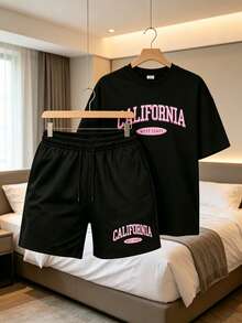Women's Casual Simple Solid Color Letter Graphic Loose T-Shirt And Shorts , California West Coast Logo Top And Shorts Set, Black For Spring/Summer - 套裝 - 查看 9