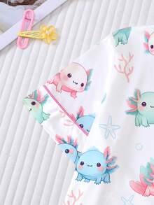 4-Season New Tween Girl's Short Pajama Set, Soft Cute Hexagonal Dragon Print, Lapel Button-Down Home Sleepwear Outfit, Summer Flame-Retardant New Short Sleeve Shorts Set, Cute Hexagonal Dragon Paired With Shell And Starfish Print, Soft Fabric, Comfortable And Breathable, Summer Holiday Party Set, Short Sleeve Shirt Lapel Button-Up Top And Elastic Shorts, Casual 4-Season Home And Outdoor Children's Loungewear - White - View 8
