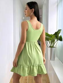 Vestido tipo chaleco de color sólido con diseño empalmado para mujer - Amarillo verdoso - Ver 3