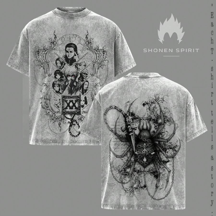 Ghost Trooper Style T-Shirt, Hisoka Chrollo Aesthetic, Dark Anime Streetwear, Vintage Washed T-Shirt, Japanese Graphic T-Shirt, Otaku Fashion, Anime Clothing - 深灰色 - 查看 1