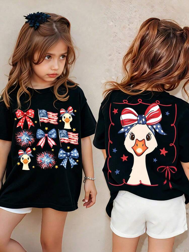 Girls' T-Shirt With A Huk Marlin Fishing Boat Print, Made Of Soft, Comfortable, And Breathable 180g Fabric, Perfect For Spring And Summer. Short-Sleeved Shirt Suitable For Everyday Wear. - 黑與白 - 查看 1