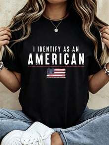 Camiseta casual de mujer con diseño de bandera estadounidense y texto para uso diario y atuendos de verano - Negro - Ver 2