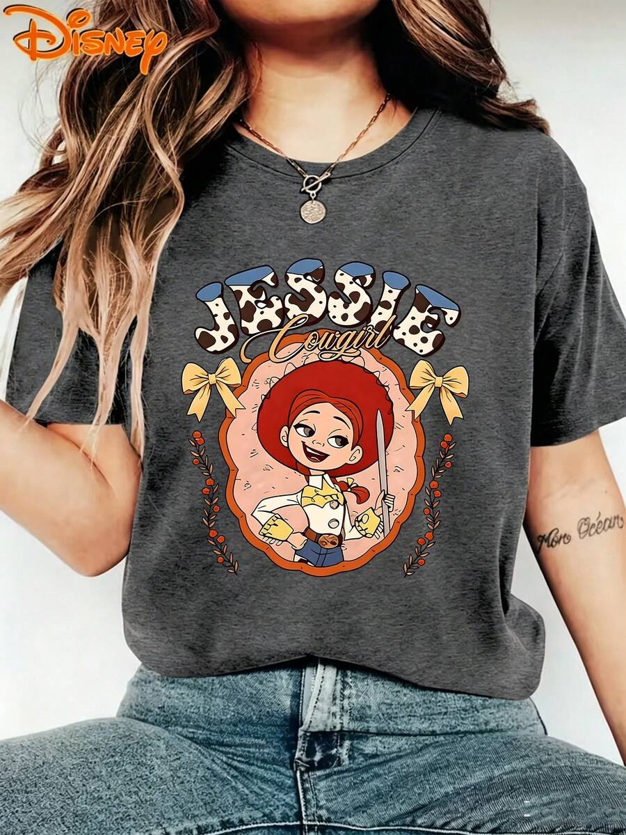 Disney Toy Story Jessie Cowgirl Women's Graphic T-Shirt, Casual Crew Neck Tee For Fans, Western Style Cotton Blend - 深灰色 - 查看 1