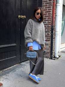 Women's Round Neck Fuzzy Knit Sweater, Dropped Shoulder Loose Long Sleeve Top, Soft Autumn/Winter Layering Commuter Knitwear - Grey - View 4