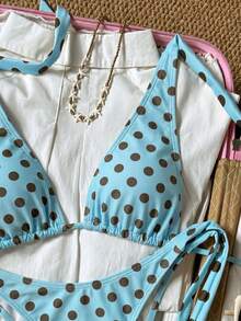 Bộ bikini 2 mảnh nữ mùa hè đi biển, hồ bơi, thể thao dưới nước, gồm áo tắm cổ yếm chấm bi thanh lịch buộc sau lưng hở lưng và quần bikini buộc hai bên eo, 2 món - Màu xanh bạc hà - Xem 6