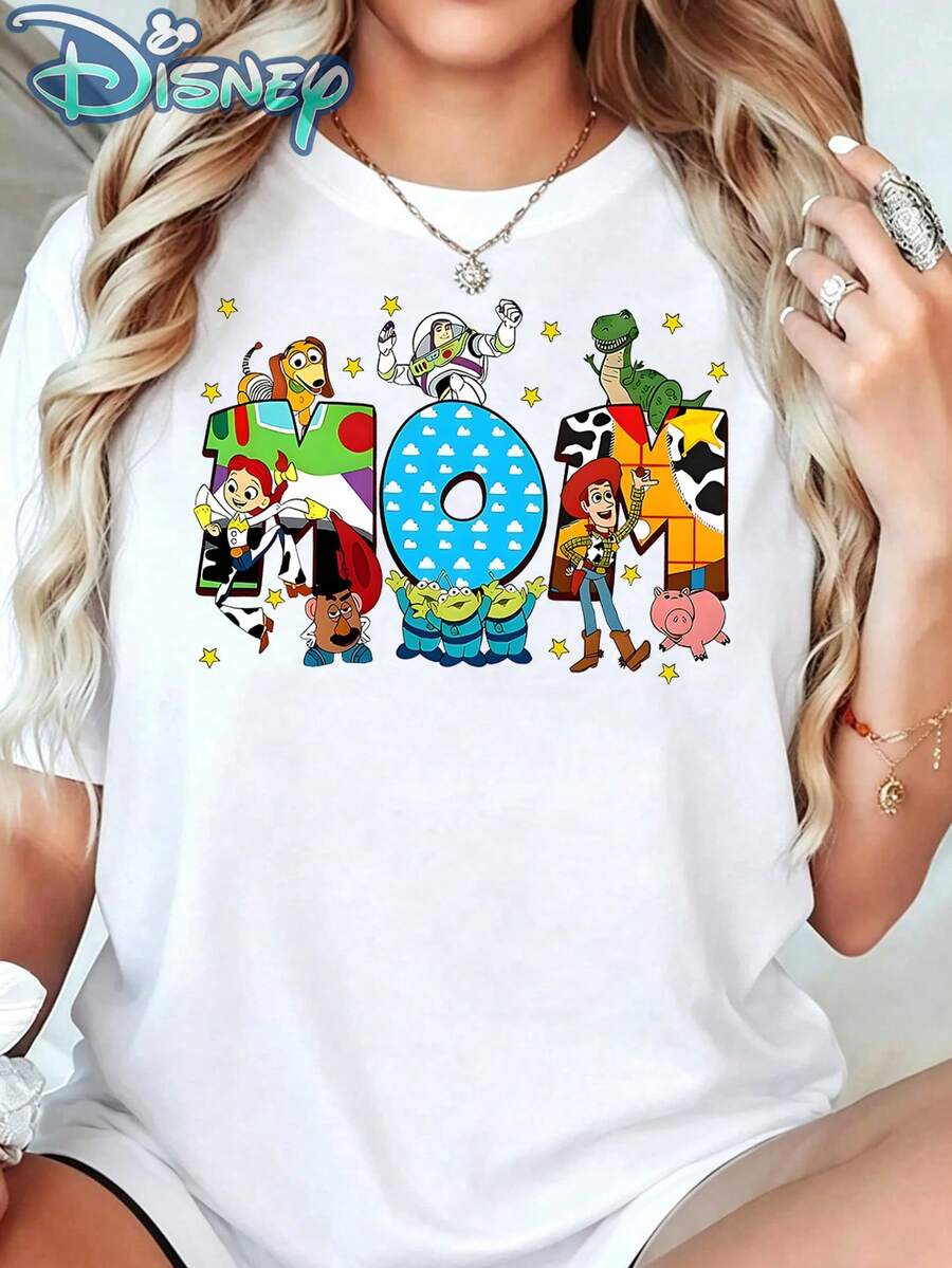 Disney Toy Story Characters, 100% Cotton Mom Letter Full Character Print Crew Neck T-Shirt, Loose Casual Tee For Mother's Day Gift & Daily Outfit - 白色 - 查看 1