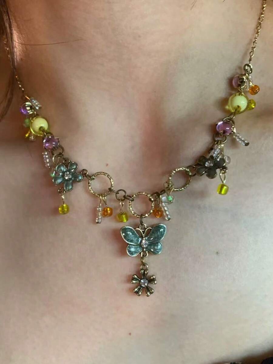 1pc Butterfly Flower Beaded Necklace Vintage Bohemian Style Metal Rhinestone Multi-Color Pendant Necklace, Suitable For Women's Daily, Party, Holiday Wear, Holiday Gift, Jewelry Gift - Multicolor - View 1