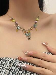 1pc Butterfly Flower Beaded Necklace Vintage Bohemian Style Metal Rhinestone Multi-Color Pendant Necklace, Suitable For Women's Daily, Party, Holiday Wear, Holiday Gift, Jewelry Gift - Multicolor - View 3