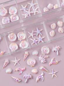 60入夏季海灘3D細節美甲裝飾 - 椰子樹、貝殼、海星、珍珠貝、魚尾、海螺設計，海灘派對，極光紫美甲貼紙，美甲用品，低過敏性，方便收納盒指甲 - 彩色 - 查看 2