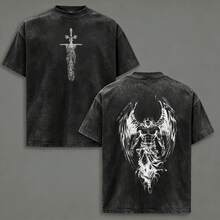 The Angel T-Shirt With Flaming Sword, Washed Christian T-Shirt, Aesthetic Clothing, Scales Of Justice, Jesus T-Shirts, Christian Merchandise, Michael The Angel T-Shirts - 黑色 - 查看 1