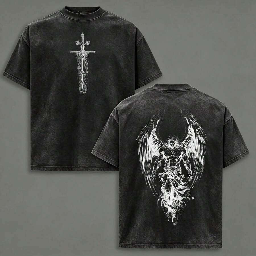 The Angel T-Shirt With Flaming Sword, Washed Christian T-Shirt, Aesthetic Clothing, Scales Of Justice, Jesus T-Shirts, Christian Merchandise, Michael The Angel T-Shirts - 黑色 - 查看 1