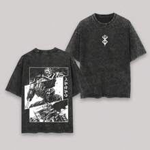 Camiseta unisex 100% algodón lavado vintage, estampado anime estilo Y2K, diseño moderno de moda, tacto suave y confortable, corte holgado, ideal para uso diario y excelente opción de regalo. - Negro - Ver 1