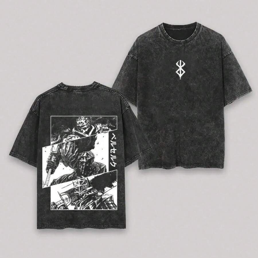 Camiseta unisex 100% algodón lavado vintage, estampado anime estilo Y2K, diseño moderno de moda, tacto suave y confortable, corte holgado, ideal para uso diario y excelente opción de regalo. - Negro - Ver 1