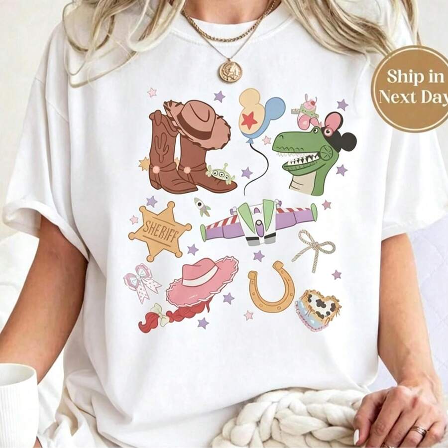Camiseta de Algodón para Mujer | Estilo To y S tory, Woody, Buzz y Jessie | Moda Vintage Y2K, Casual, Manga Corta, Cuello Redondo, Look Streetwear para Verano - Blanco - Ver 1