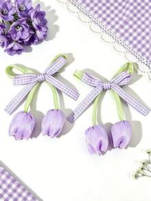 2pcs Purple Spring Tulip Bow Hair Clips, Plaid Ribbon Hair Clips Suitable For Girls, Cute Hair Accessories For Picnic, Travel, Spring Date, Daily Styling, First Day Of School, Party - Purple - View 2