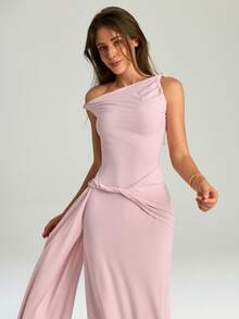 Elegant Blush Pink One Shoulder Dress Women Sleeveless Draped Maxi Dress For Wedding Guest Prom Summer Vacation Going Out Graduation - Baby Pink - View 9