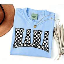 [100% Cotton] VPRNT  Checkered Mama Shirt Gift For Mom Retro Vintage Mom Shirt Summer Short Sleeve Tops - Unisex Women's & Men's Campus Daily Wear - 藍色 - 查看 1