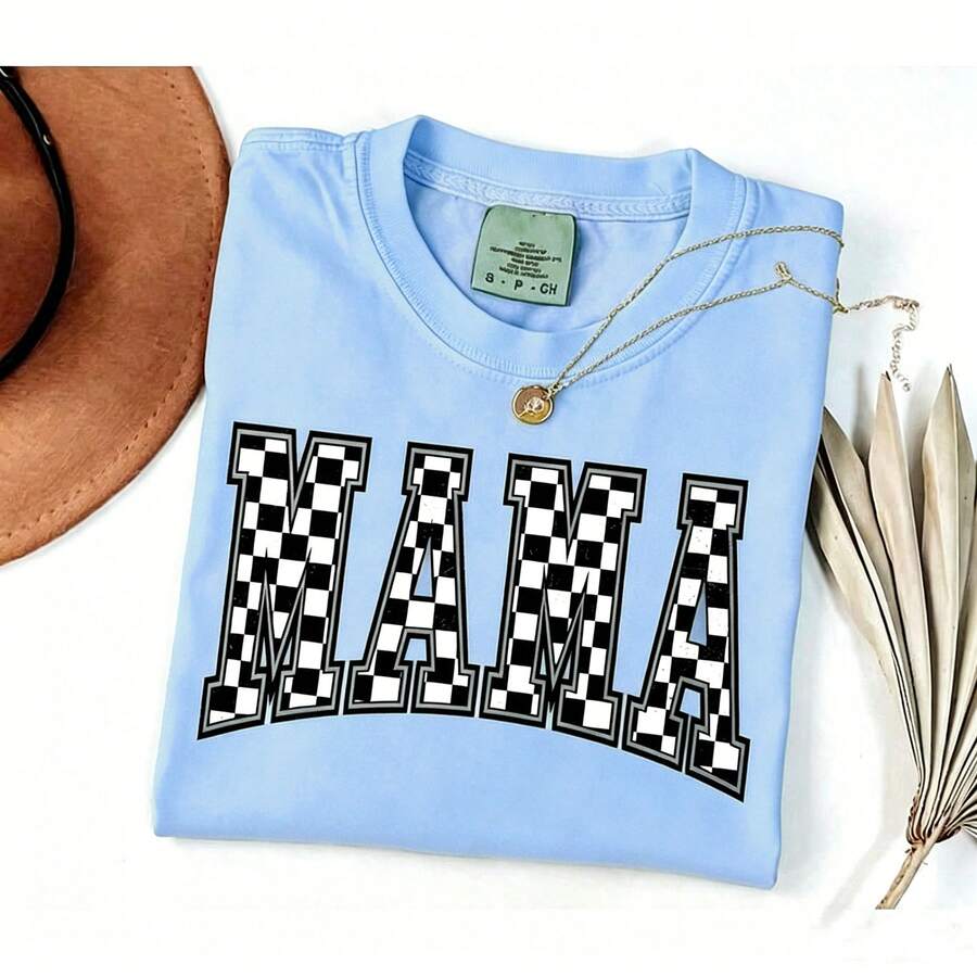 [100% Cotton] VPRNT  Checkered Mama Shirt Gift For Mom Retro Vintage Mom Shirt Summer Short Sleeve Tops - Unisex Women's & Men's Campus Daily Wear - 藍色 - 查看 1