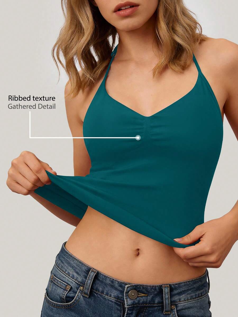 NcmRyu 1pc Women's Solid Color Adjustable Spaghetti Strap V-Neck Ruched Open Back Sports Tank Top - Army Green - View 1