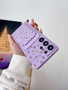 1 pieza Funda de teléfono TPU púrpura estilo Ins color caramelo con diseño floral de mariposa cobertura completa a prueba de golpes y 1 pieza soporte de tarjeta adhesivo púrpura estilo Ins color caramelo con diseño floral de mariposa, nueva 2 en 1 cobertura completa protectora a prueba de polvo y agua carcasa blanda compatible con Samsung/Oppoe/ - Multicolor - Ver 4