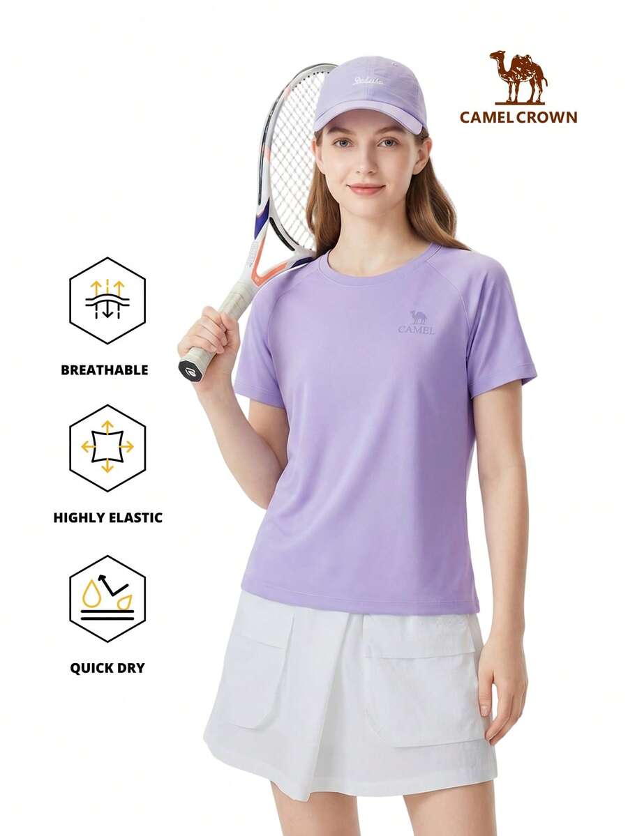 CAMEL CROWN 女款快乾短袖圓領T恤,夏季戶外網眼透氣吸汗登山健行運動上衣 - 粉紅紫 - 查看 1