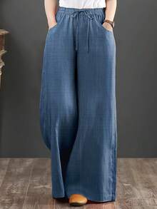 Fashion Plus Size Woven Denim Effect Wide Leg Pants With Drawstring And Pockets, Non-Stretch Long Pants, Vintage Style - Blue - View 2
