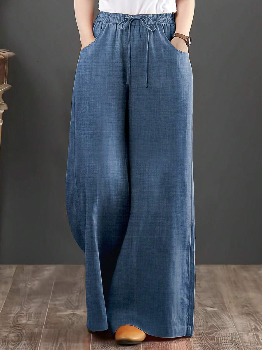 Fashion Plus Size Woven Denim Effect Wide Leg Pants With Drawstring And Pockets, Non-Stretch Long Pants, Vintage Style