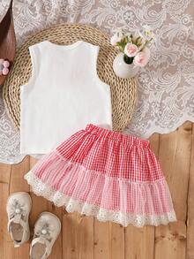 2pcs/Set Girls Sweet Bow Sleeveless Tank Top And Red Plaid Tulle Cake Skirt Summer Outfit - White - View 4